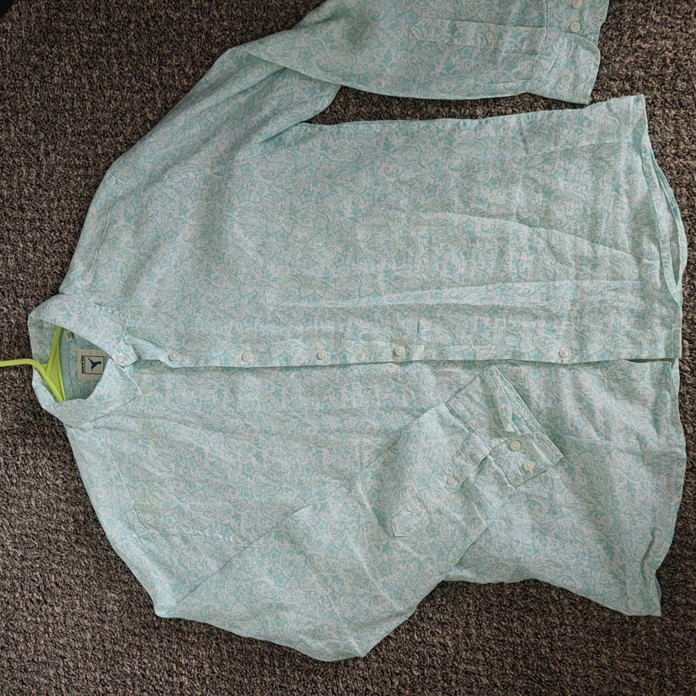 Natural Blue By Visitor Linen Shirt L Large Turquoise Beige Floral EUC Mens